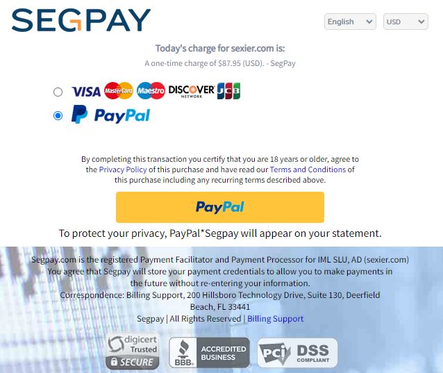 Sexier accept payments by PayPal